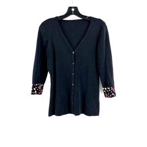 Women's Black 3/4 Sleeve Silk Blend Cardigan Sweater Ribbons Lace Cuff Size